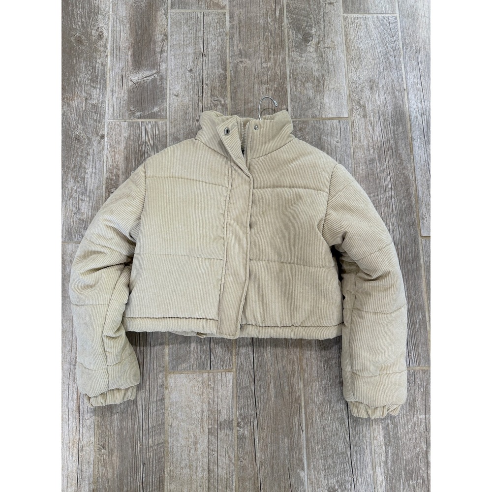 Say What Puffer Jacket Womens High Collar Medium Cream Corduroy Cropped Quilted